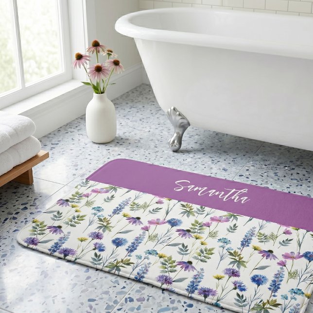 Tapis De Bain Monogramme Fleur Sauvage Aquarelle Bleu Violet (Créateur téléchargé)