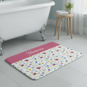 Tapis De Bain Monogramme Fleur Sauvage Aquarelle Rose Bleu