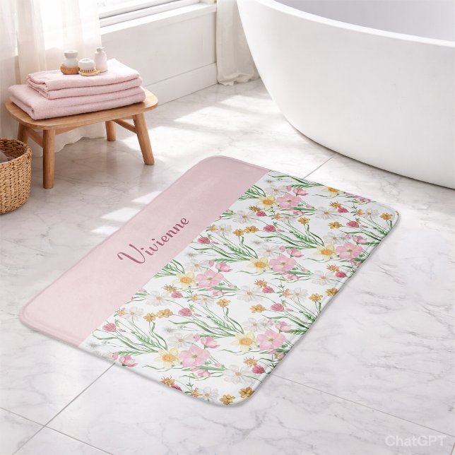 Tapis De Bain Monogramme Fleur Sauvage Aquarelle Rose Vert (Pink Green Watercolor Wildflower Monogram Bath Mat)