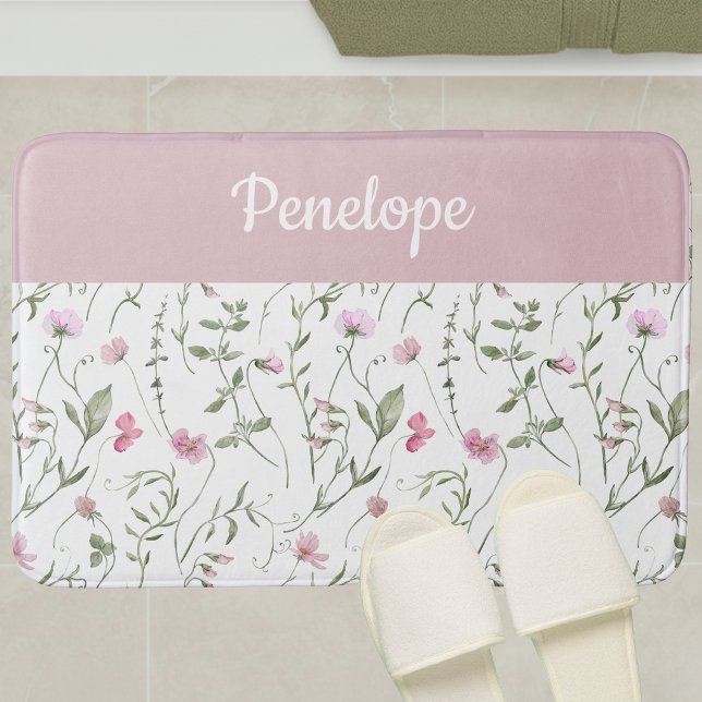 Tapis De Bain Monogramme Fleur Sauvage Aquarelle Rose Vert (Créateur téléchargé)