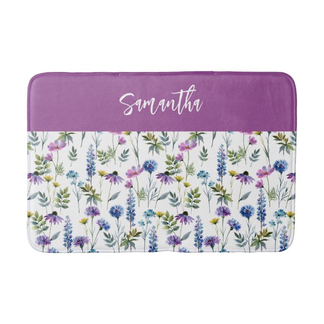 Tapis De Bain Monogramme Fleur Sauvage Aquarelle Violet Bleu (Devant)