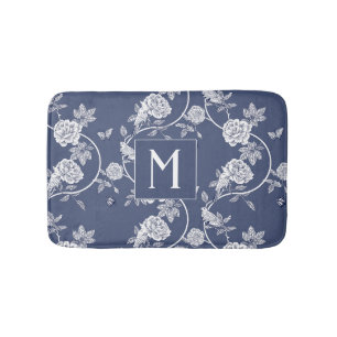 Tapis De Bain Monogramme floral de la Chinoiserie bleue