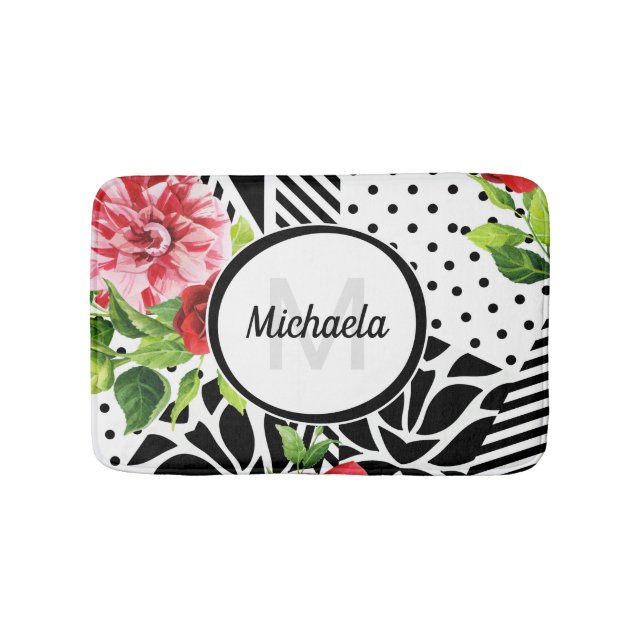 Tapis De Bain Monogramme floral géométrique rouge (Devant)