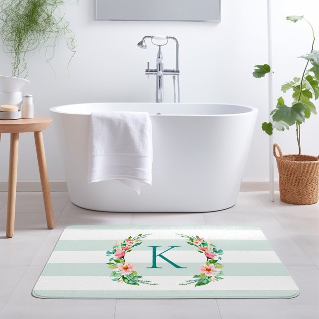 Tapis De Bain Monogramme floral paradis et rayures (Créateur téléchargé)