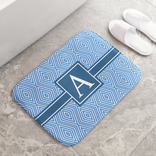 Tapis De Bain Monogramme géométrique moderne simple bleu et blan (Créateur téléchargé)