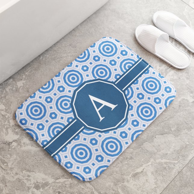 Tapis De Bain Monogramme géométrique moderne simple bleu et blan (Créateur téléchargé)