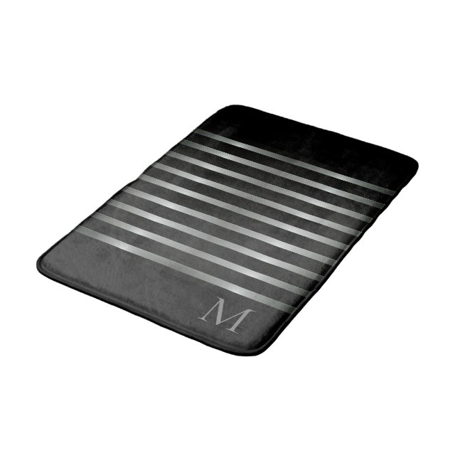 Tapis De Bain Monogramme Grilles modernes en argent sur noir (Angle)