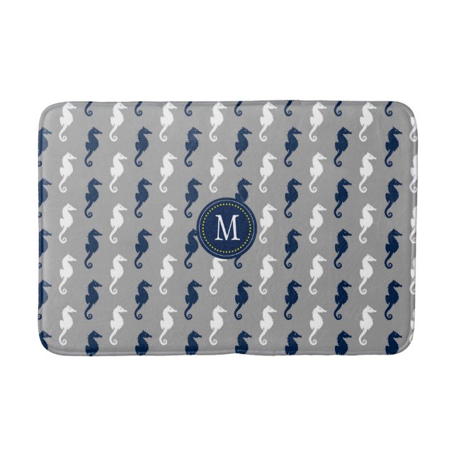 Tapis De Bain Monogramme gris de motif d'hippocampe de bleu (Devant)