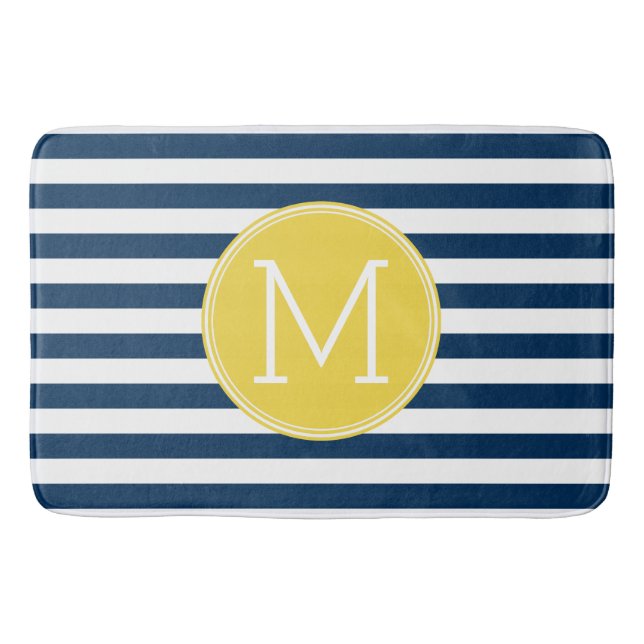 Tapis De Bain Monogramme jaune Motif rayé blanc et marine (Devant)