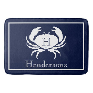Tapis De Bain Monogramme Marine Bleu Crabe Blanc Nautique