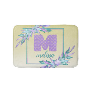Tapis De Bain Monogramme mauve Étalons de sirène Aquarelle Ombre