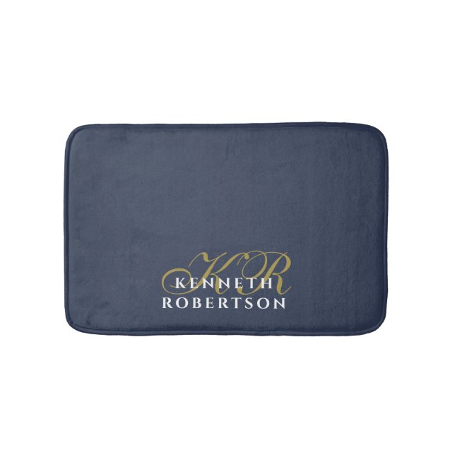 Tapis De Bain Monogramme Minimaliste Bleu Nuit Poussiéreux Or Bl (Devant)