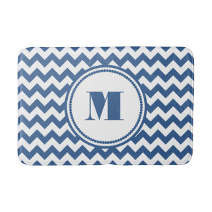 Tapis De Bain Monogramme moderne Bleu Gratté Chevron