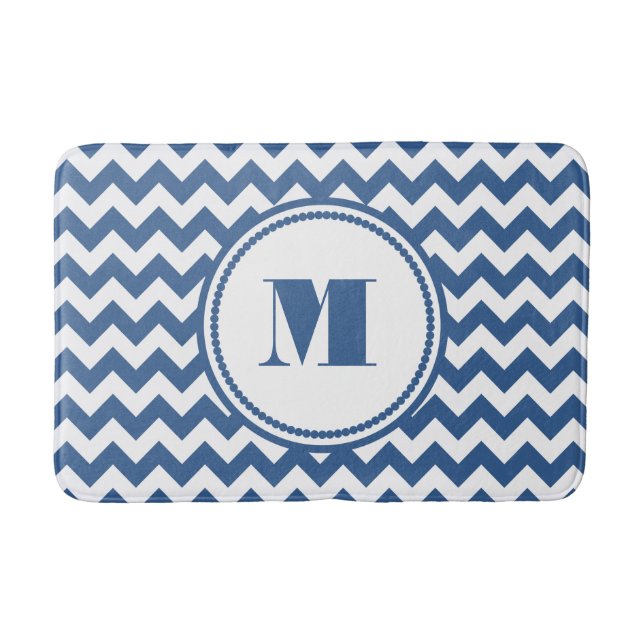 Tapis De Bain Monogramme moderne Bleu Gratté Chevron (Devant)