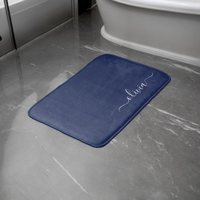 Tapis De Bain Monogramme moderne bleu marine et blanc (Créateur téléchargé)