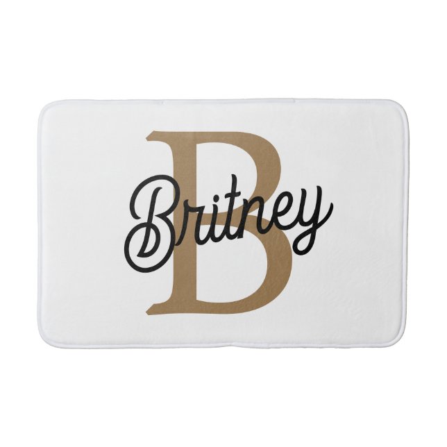 Tapis De Bain Monogramme moderne élégant Nom Black Gold Script (Devant)