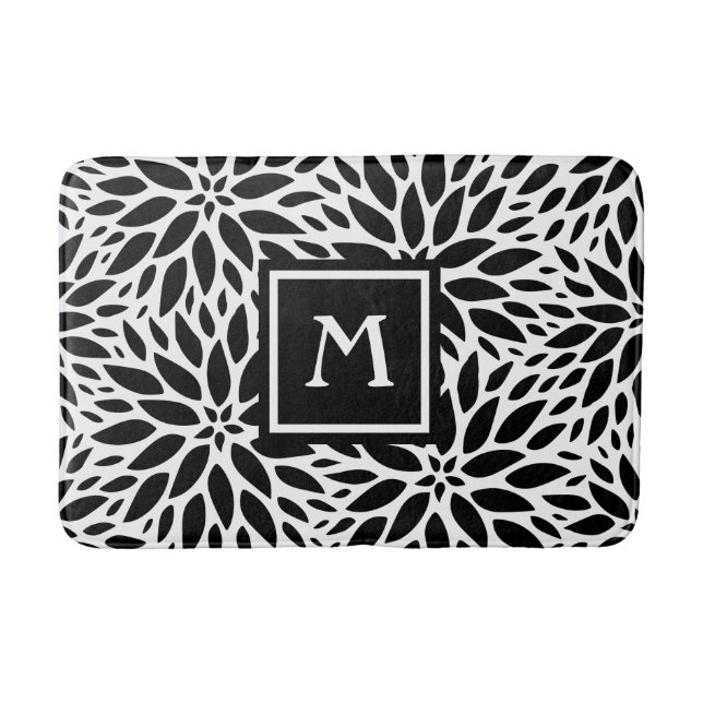 Tapis De Bain Monogramme Moderne noir et blanc Dahlias Mat de ba (Devant)