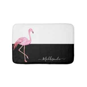 Tapis De Bain Monogramme moderne Nom Flamant rose rose noir