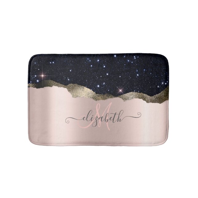 Tapis De Bain Monogramme Moderne Rose Gold Pailleté Noir (Devant)