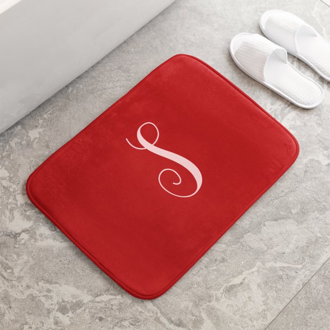 Tapis De Bain Monogramme moderne rouge chic et élégant personnal (Créateur téléchargé)