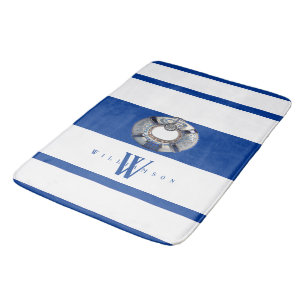 Tapis De Bain Monogramme moderne tendance bleu marine et blanc