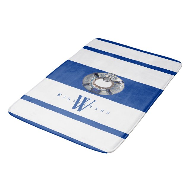 Tapis De Bain Monogramme moderne tendance bleu marine et blanc (Angle)