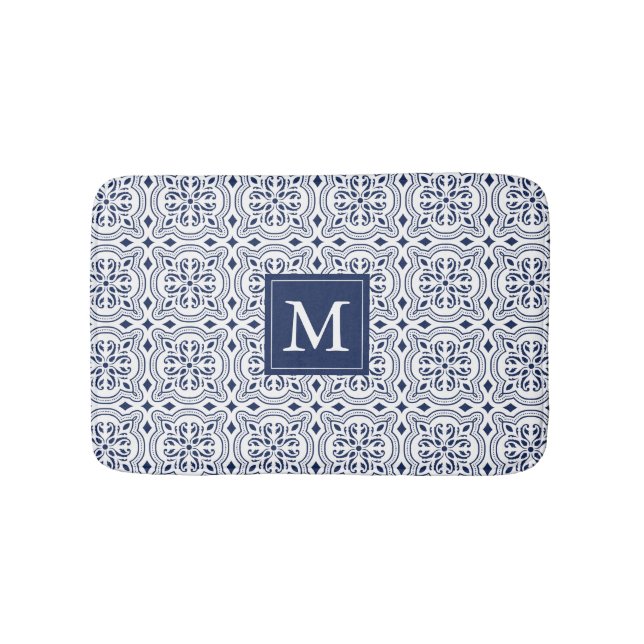 Tapis De Bain Monogramme Motif marocain chic Marine & White (Devant)