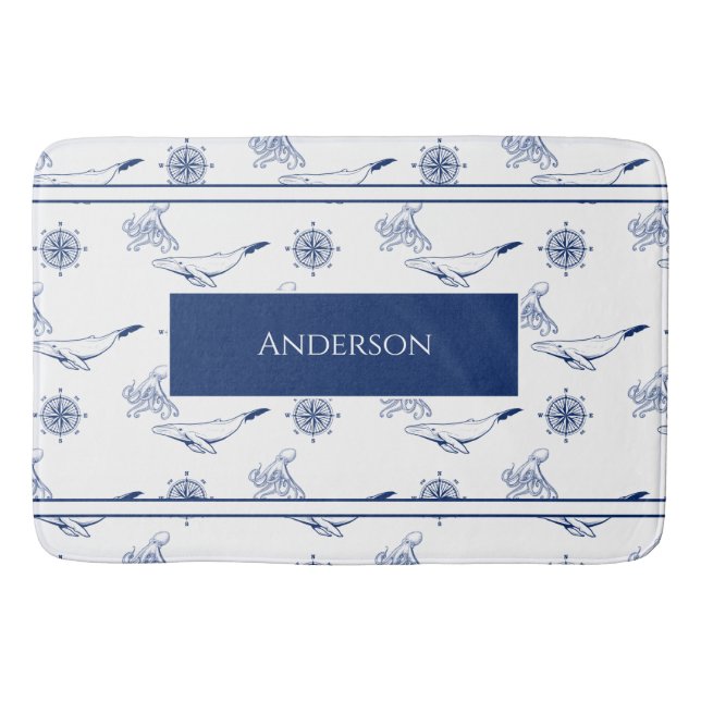 Tapis De Bain Monogramme nautique Baleines et poulpe marine Blan (Devant)