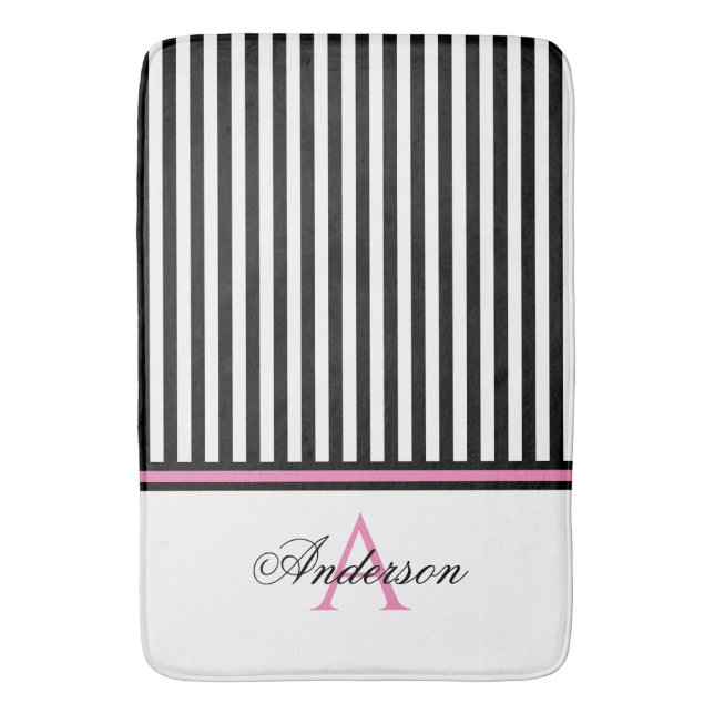 Tapis De Bain Monogramme noir blanc rose rayures (devant Vertical)
