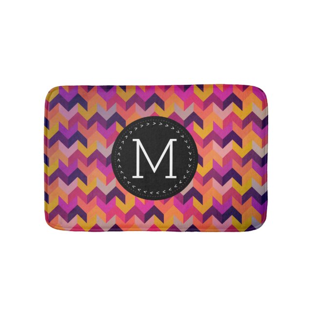 Tapis De Bain Monogramme noir Chevron coloré moderne (Devant)