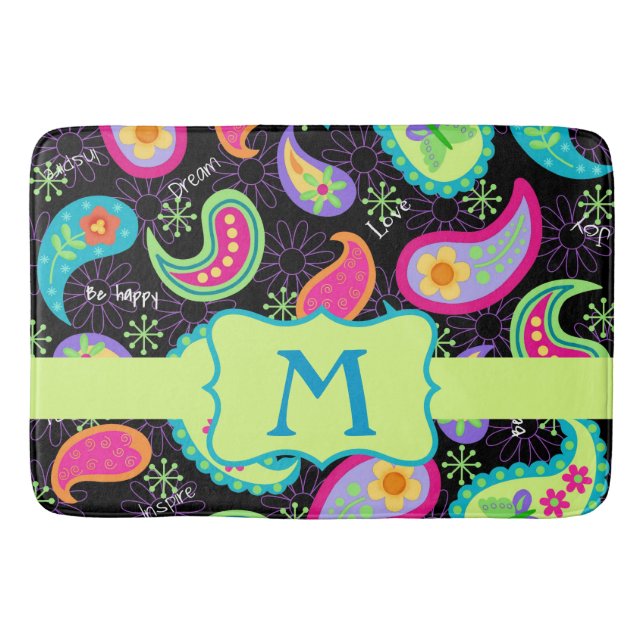 Tapis De Bain Monogramme noir coloré Motif moderne Paisley (Devant)