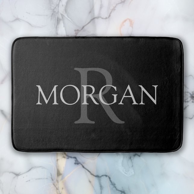 Tapis De Bain Monogramme & nom DIY, Classique noir avec texte gr (Créateur téléchargé)