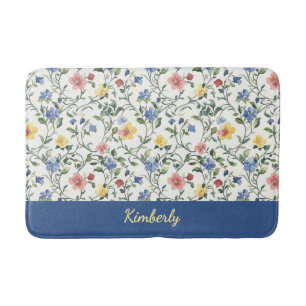 Tapis De Bain Monogramme Nom Fleur Sauvage Aquarelle Jaune Bleu