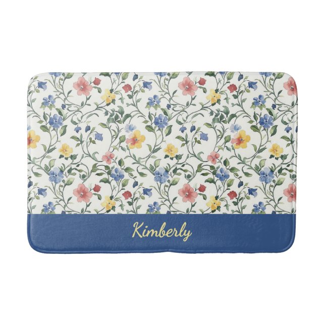 Tapis De Bain Monogramme Nom Fleur Sauvage Aquarelle Jaune Bleu (Devant)