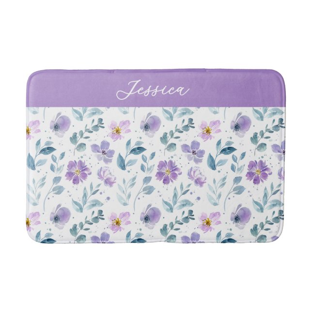 Tapis De Bain Monogramme Nom Fleur Sauvage Aquarelle Vert Violet (Devant)