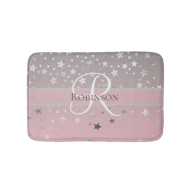 Tapis De Bain Monogramme Nom Initial Rose Gris Argent Tendance (Devant)