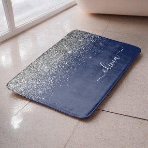 Tapis De Bain Monogramme Nom Paillettes Bleu Marine Argenté Fémi
