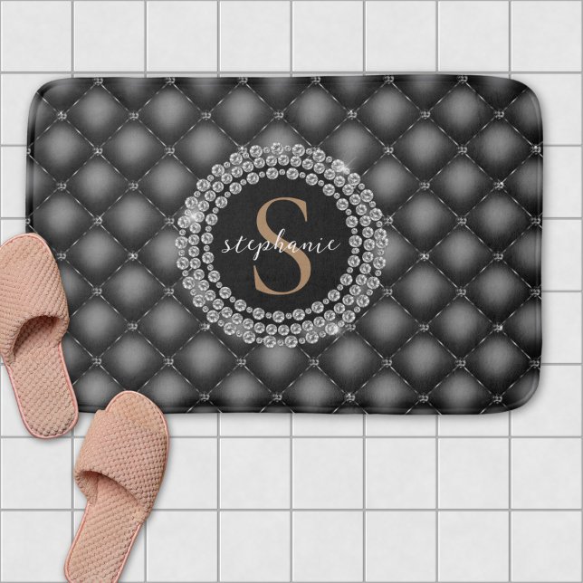 Tapis De Bain Monogramme Or Diamants Noirs Tufted Elegant Luxe (Monogram Gold Black Diamonds Tufted Elegant Luxury Bath Mat)