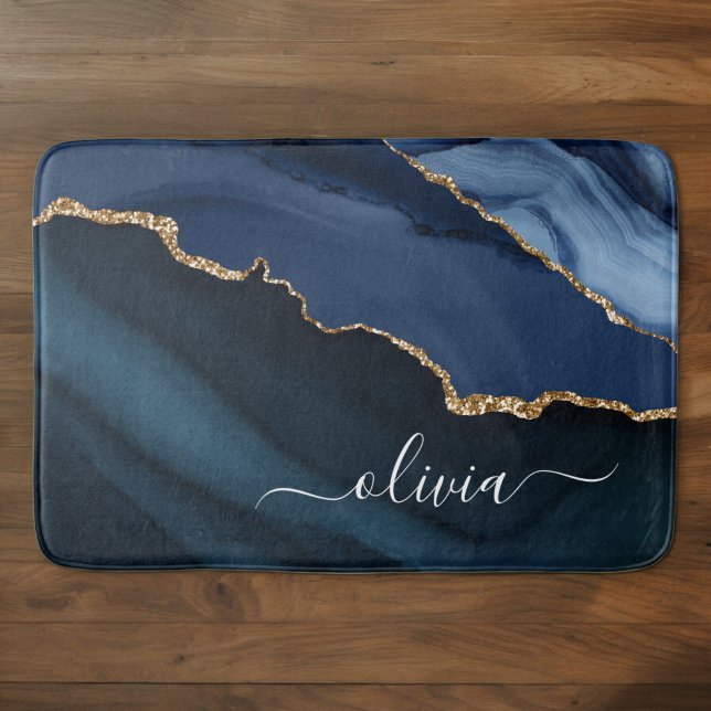 Tapis De Bain Monogramme Or en Géode d'Agate Bleu Marine (Créateur téléchargé)