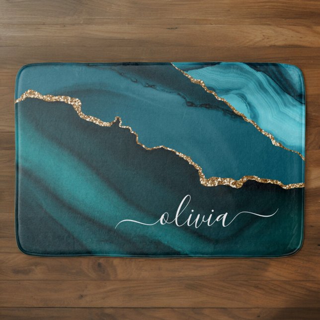 Tapis De Bain Monogramme Or en Geode d'Agate Bleu Vert Aqua Sarc (Créateur téléchargé)