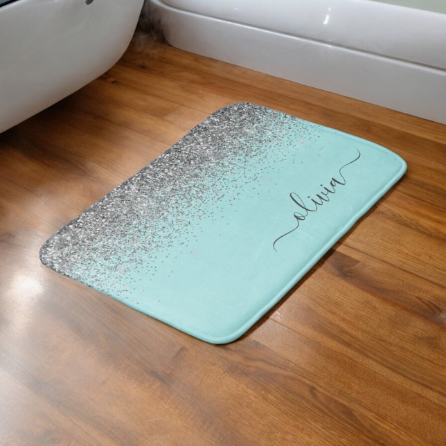 Tapis De Bain Monogramme Pailleté Aqua Bleu Turquoise Argent (Créateur téléchargé)