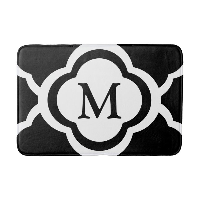 Tapis De Bain Monogramme personnalisable Quatrefeuilles Noir & B (Devant)