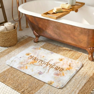 Tapis De Bain Monogramme personnalisé à l'aquarelle florale élég