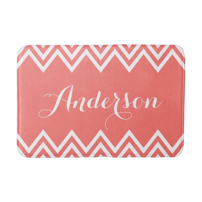 Tapis De Bain Monogramme personnalisé Chevron Coral moderne (Devant)