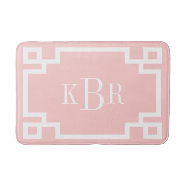 Tapis De Bain Monogramme personnalisé Clé grecque rose et blanch (Devant)