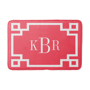 Tapis De Bain Monogramme personnalisé de clé grecque rouge et bl