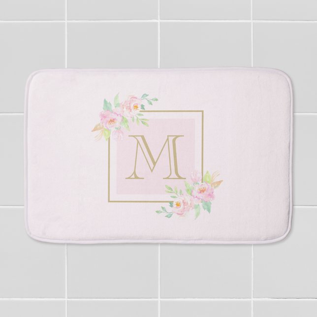 Tapis De Bain Monogramme personnalisé Pink Peony (Créateur téléchargé)