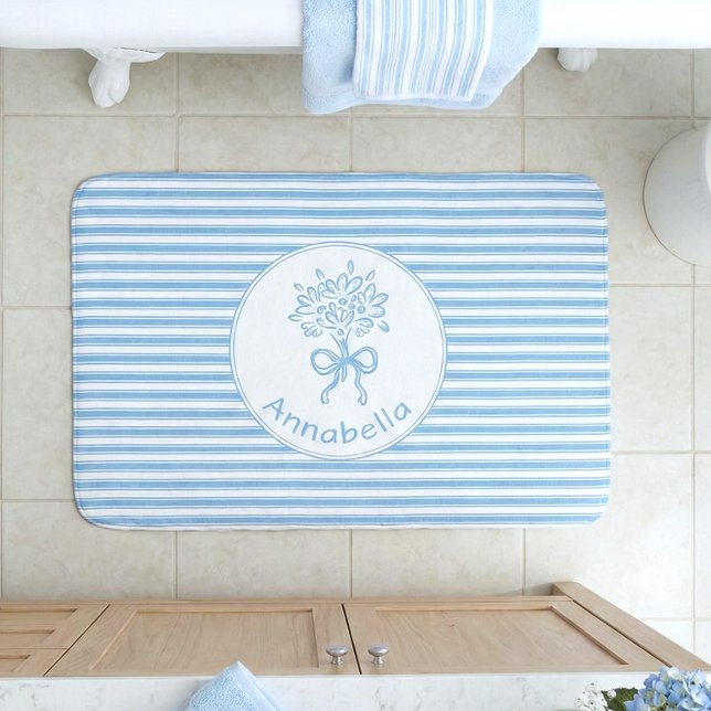 Tapis De Bain Monogramme Prépa Rayure Bleue Blanche Fantaisiste (Créateur téléchargé)