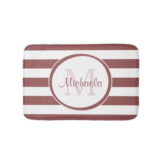 Tapis De Bain Monogramme preppy et grandes rayures Brown Rosy (Devant)