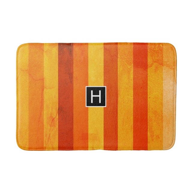 Tapis De Bain Monogramme rayures orange rouge altéré chaud (Devant)